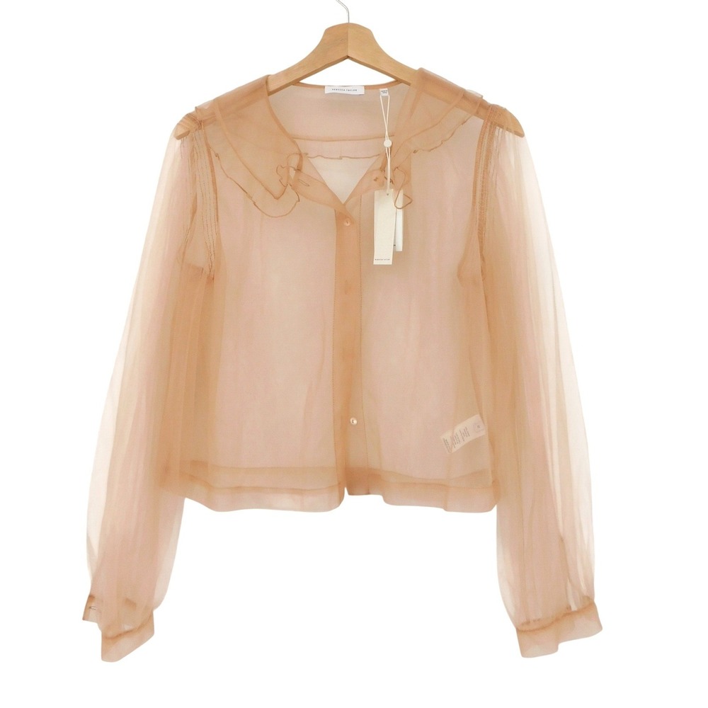 Rebecca Taylor Tulle Ruffle Front Blouse Peach Tan Sheer Top 921102B861 Size 10 - Picture 2 of 6